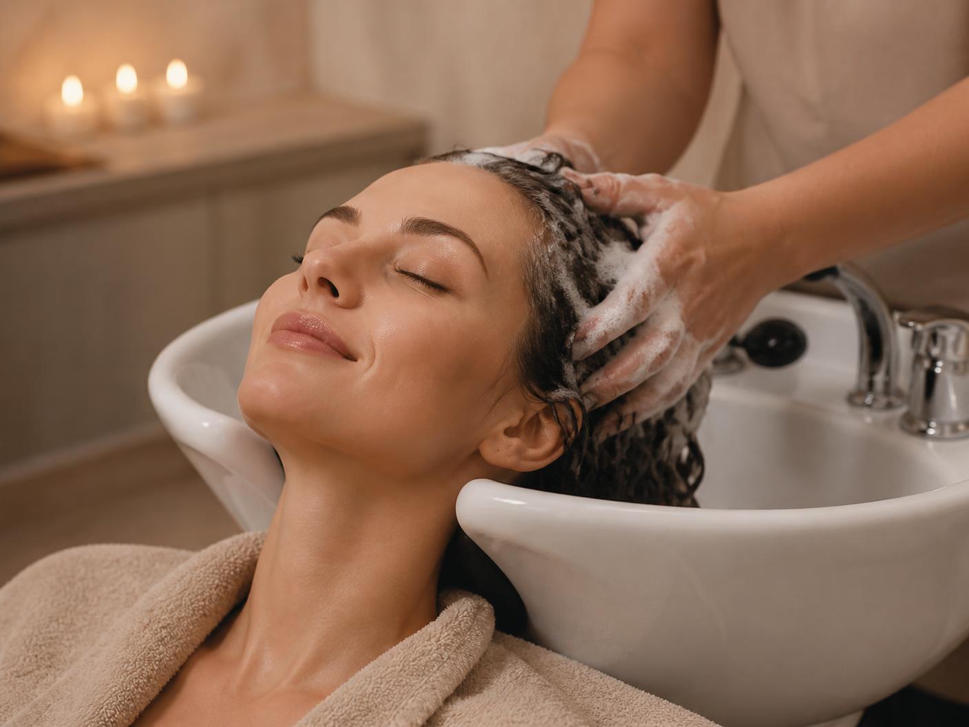 Entspannte Kopfmassage am Waschbecken im Friseursalon