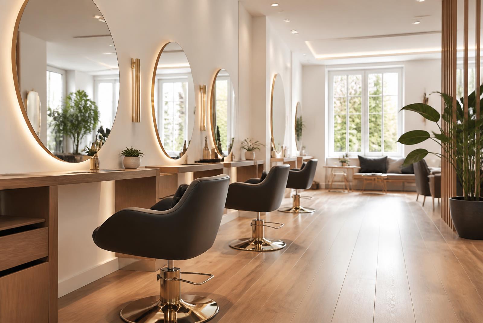Heller Friseursalon mit runden Spiegeln, Holz und warmen Beigetönen